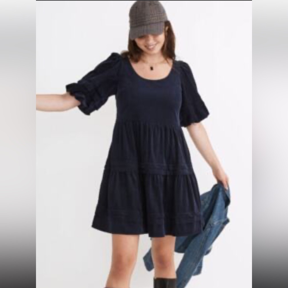 Madewell Corduroy Mini navy Dress medium like new workwear holiday Christmas